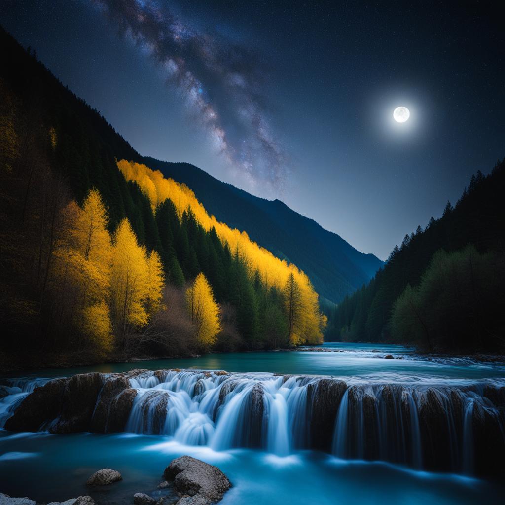 jiuzhaigou valley - paint the surreal night landscapes of jiuzhaigou valley, where colorful lakes and waterfalls shimmer under the soft light of the moon. 