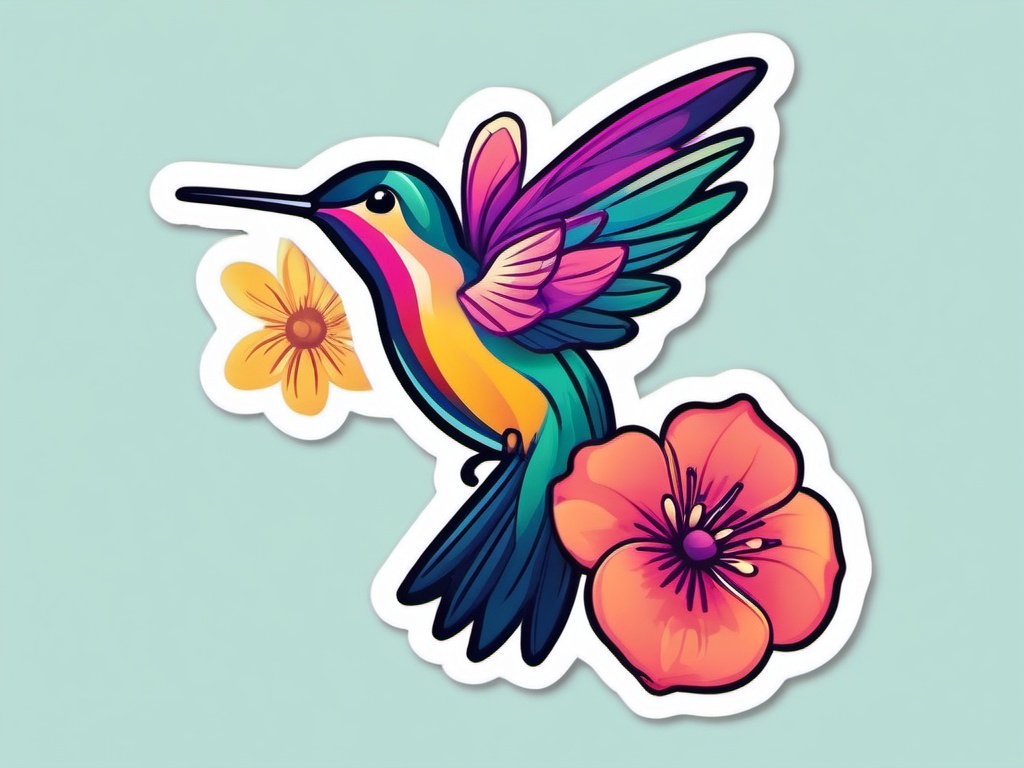 Hummingbird and Blooms Emoji Sticker - Tiny wings fluttering around vibrant flowers, , sticker vector art, minimalist design