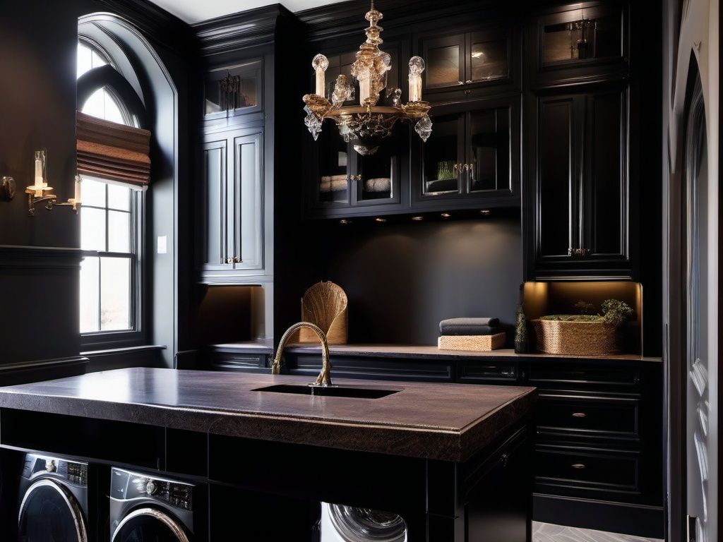 Gothic laundry room incorporates dark cabinetry, rich colors, and ornate details, creating a dramatic and moody space for laundry tasks.  