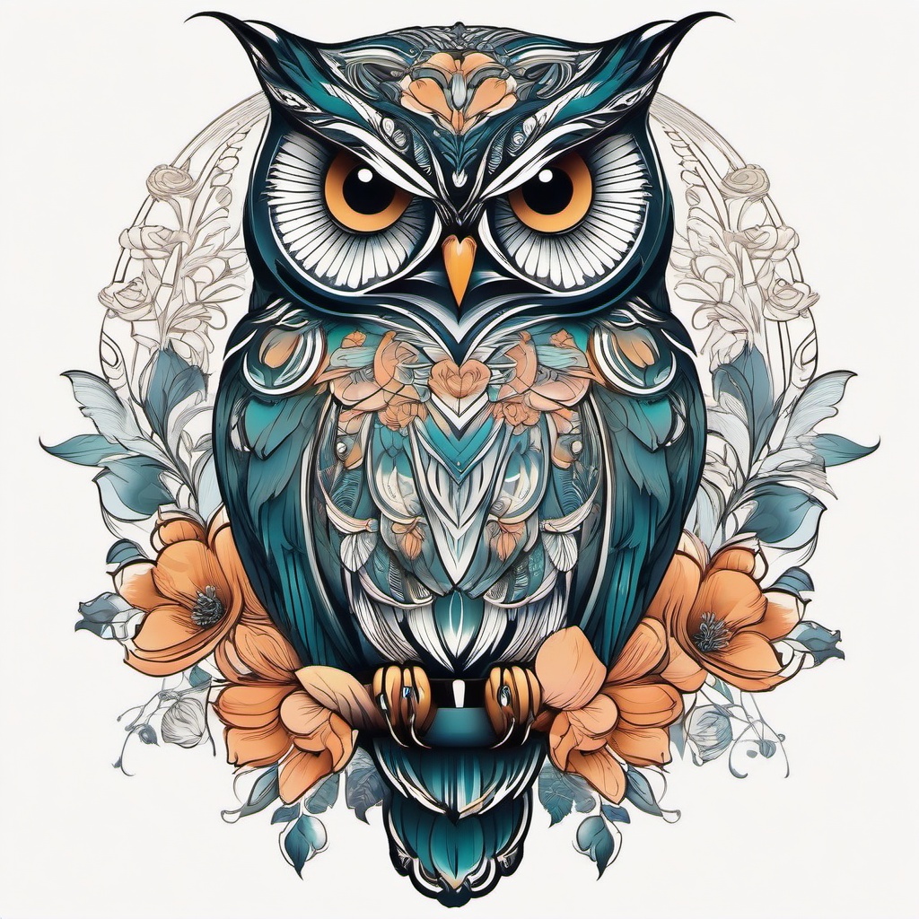 Owl and Flower Tattoo - Blend floral beauty with the allure of owls in a flower owl tattoo design.  simple color tattoo,vector style,white background