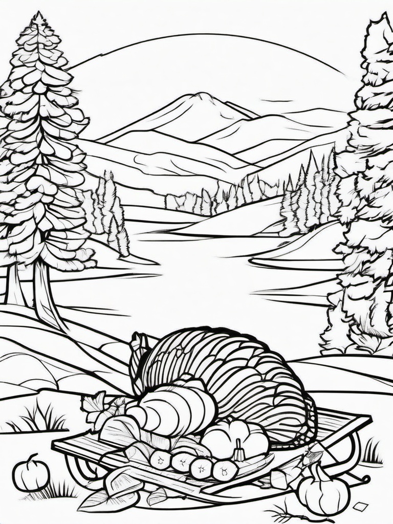 Turkey and Campfire Coloring Pages - Cozy Scene with Turkey Around the Fire  minimal black outline printable sheet, coloring page