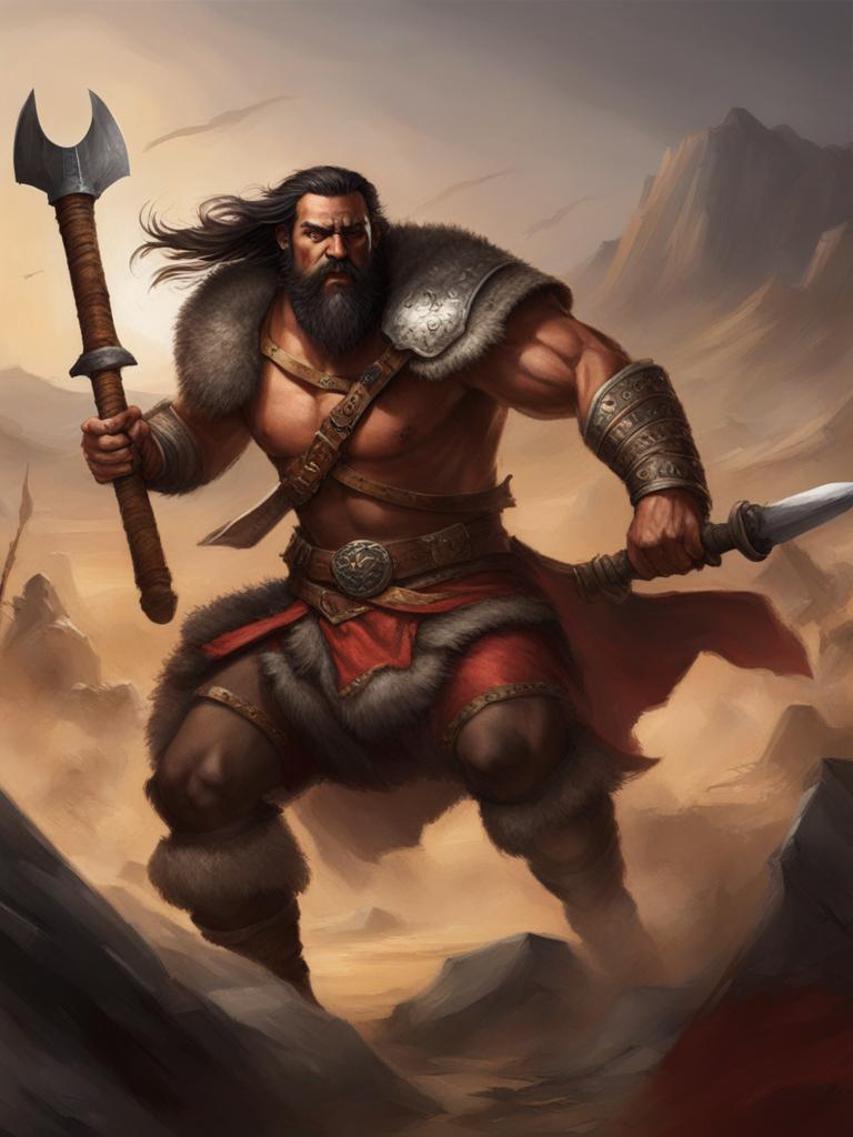 minsc the rashemi barbarian charges into battle with a two-handed axe. 