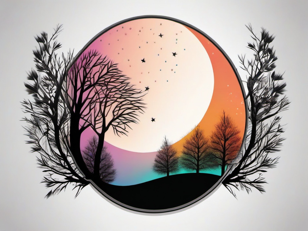 crescent moon with trees tattoo  simple vector color tattoo