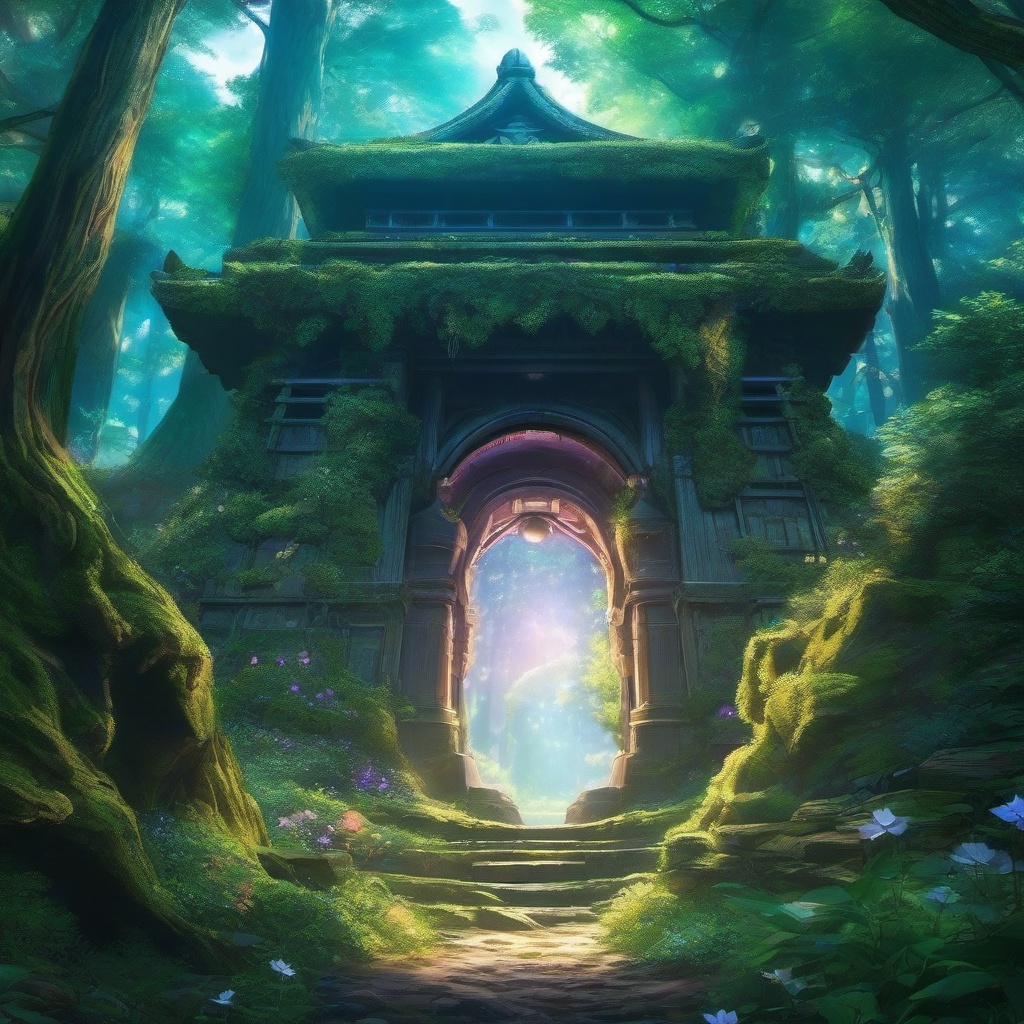 Enchanted forest with mystical portals to other realms. anime, wallpaper, background, anime key visual, japanese manga