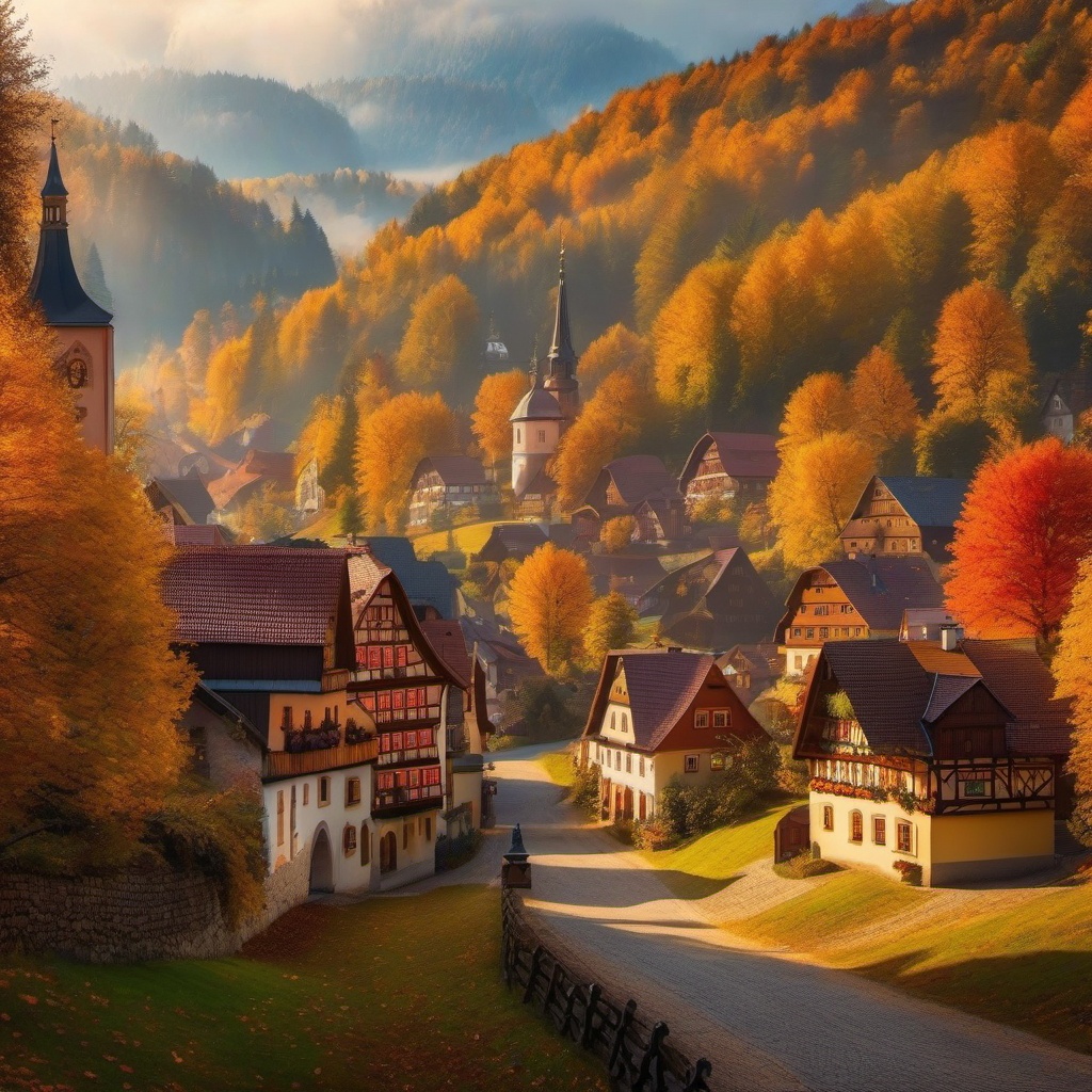 Fall Desktop Wallpaper - Picturesque Bavarian Village in Autumn  wallpaper style, intricate details, patterns, splash art, light colors