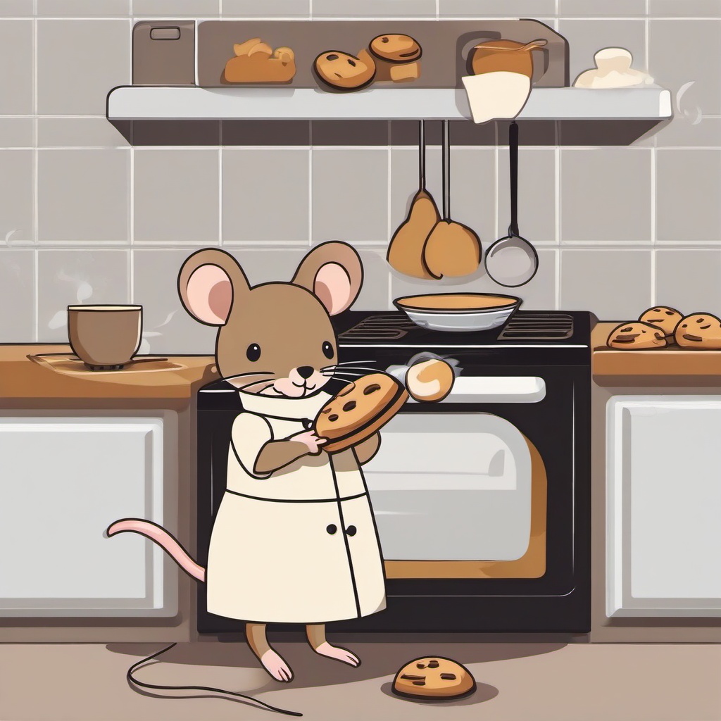 Mice clipart - mouse baking cookies in a tiny oven  color,minimalist,vector clipart