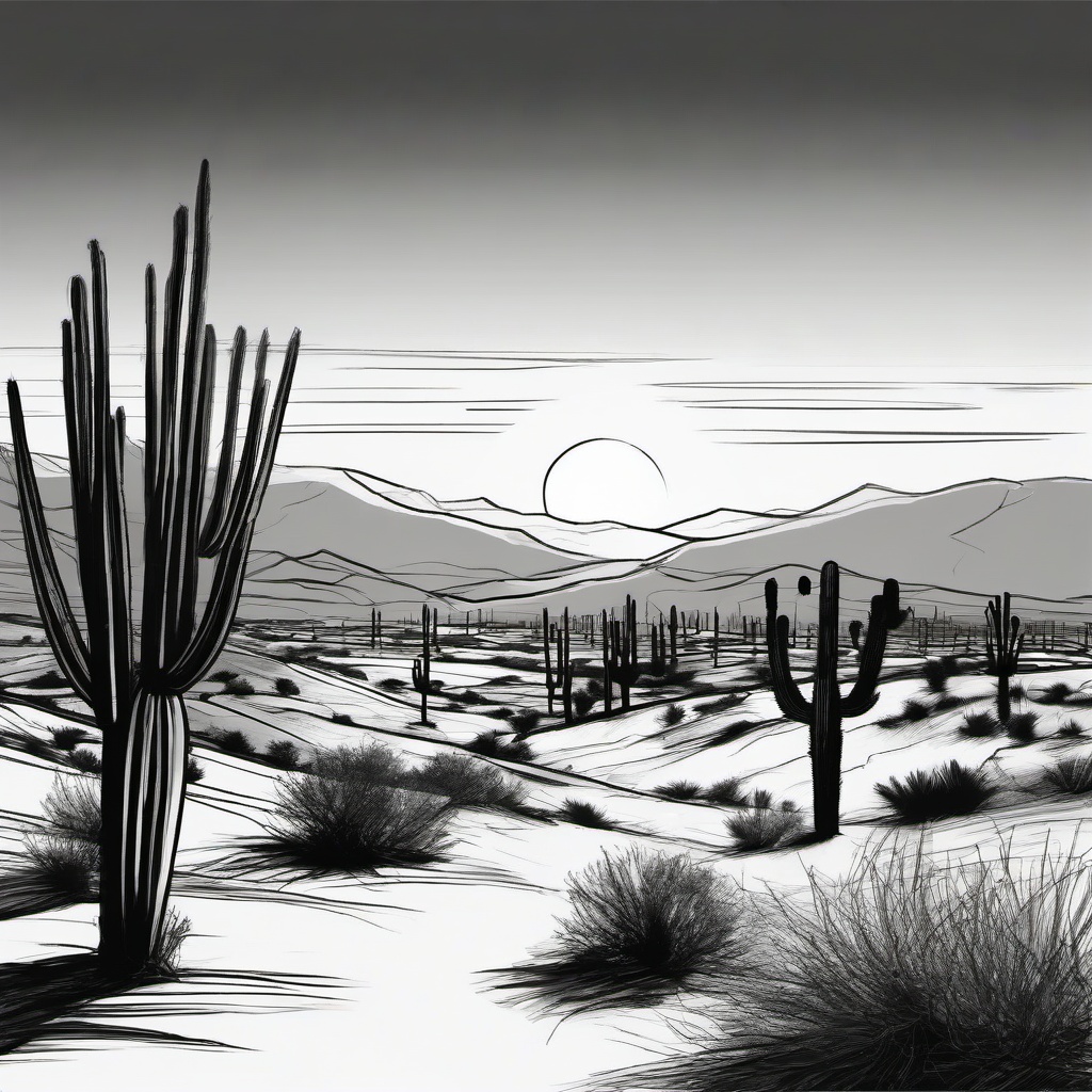 drawing of a sunset in the desert  minimal rough sketch scribbles,doodles,black and white