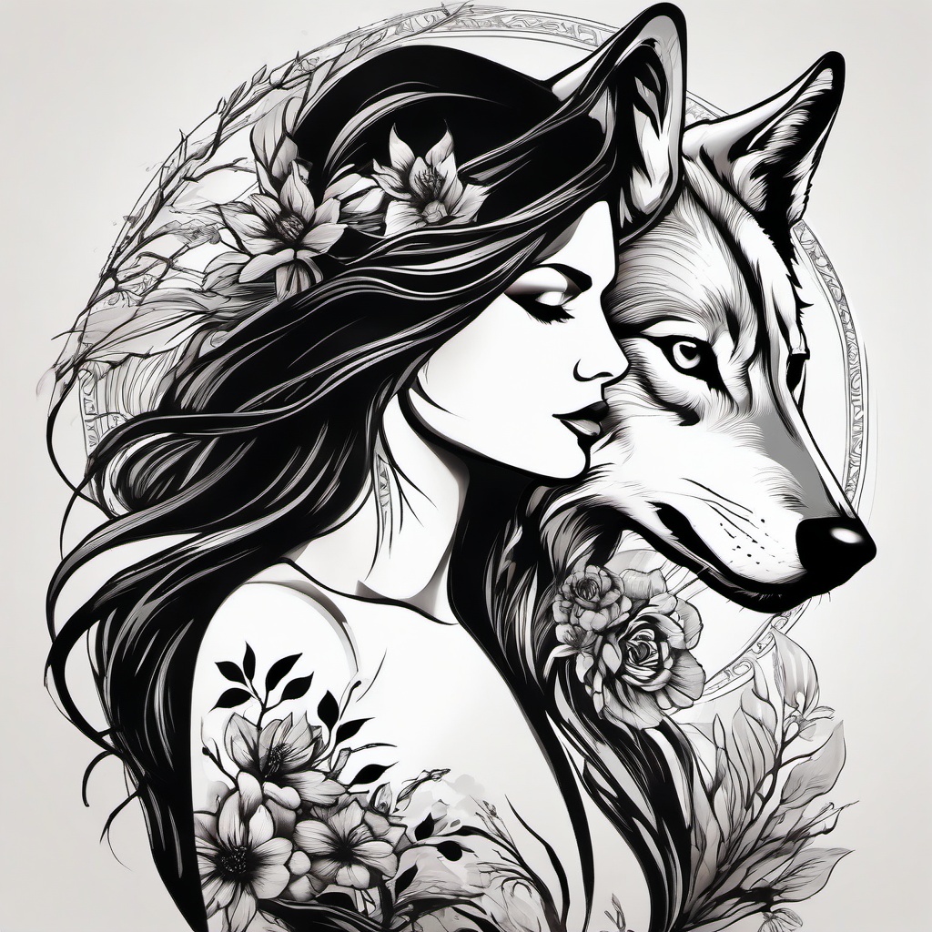 Wolf and Woman in ink, elegance . , tattoo design,  