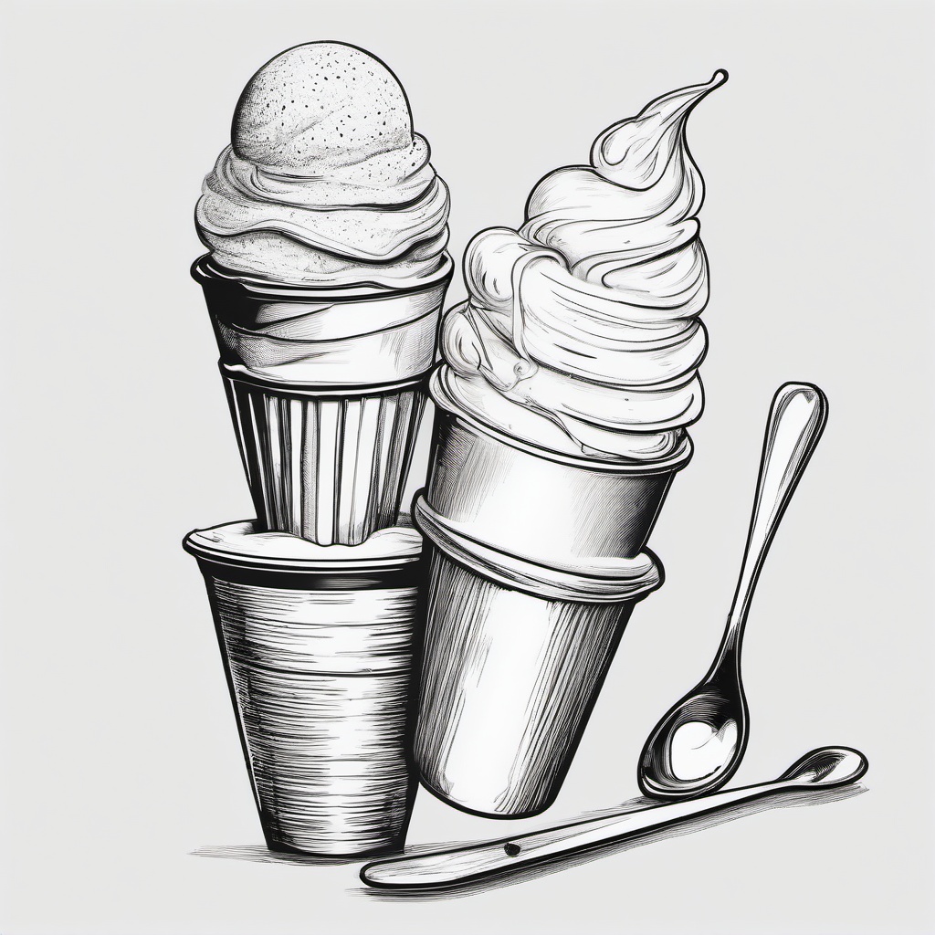 drawing of ice cream with a spoon  minimal rough sketch scribbles,doodles,black and white