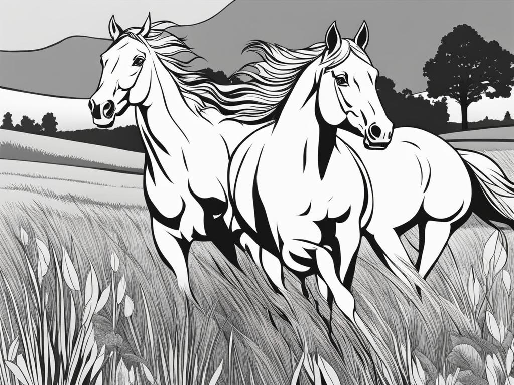 horse coloring pages - horses gallop freely across a picturesque meadow. 