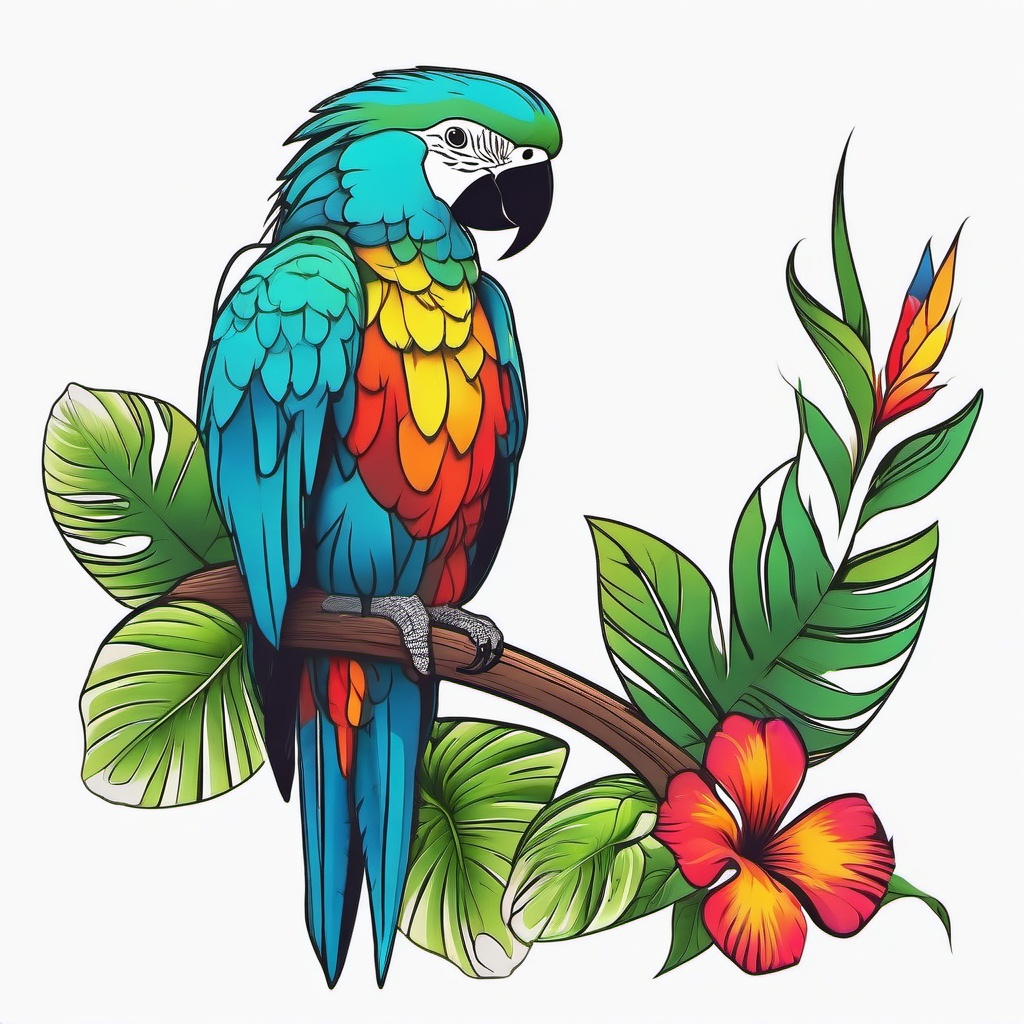 Parrot Tattoo - Parrot with colorful feathers sitting on a tropical branch  few color tattoo design, simple line art, design clean white background