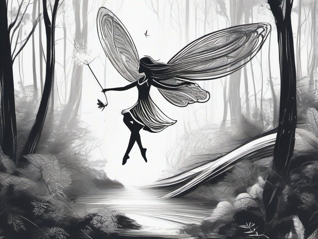 drawing of a fairy flying in a mystical forest  minimal rough sketch scribbles,doodles,black and white