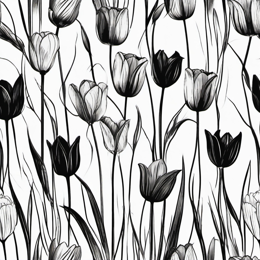 drawing of tulips in the spring  minimal rough sketch scribbles,doodles,black and white