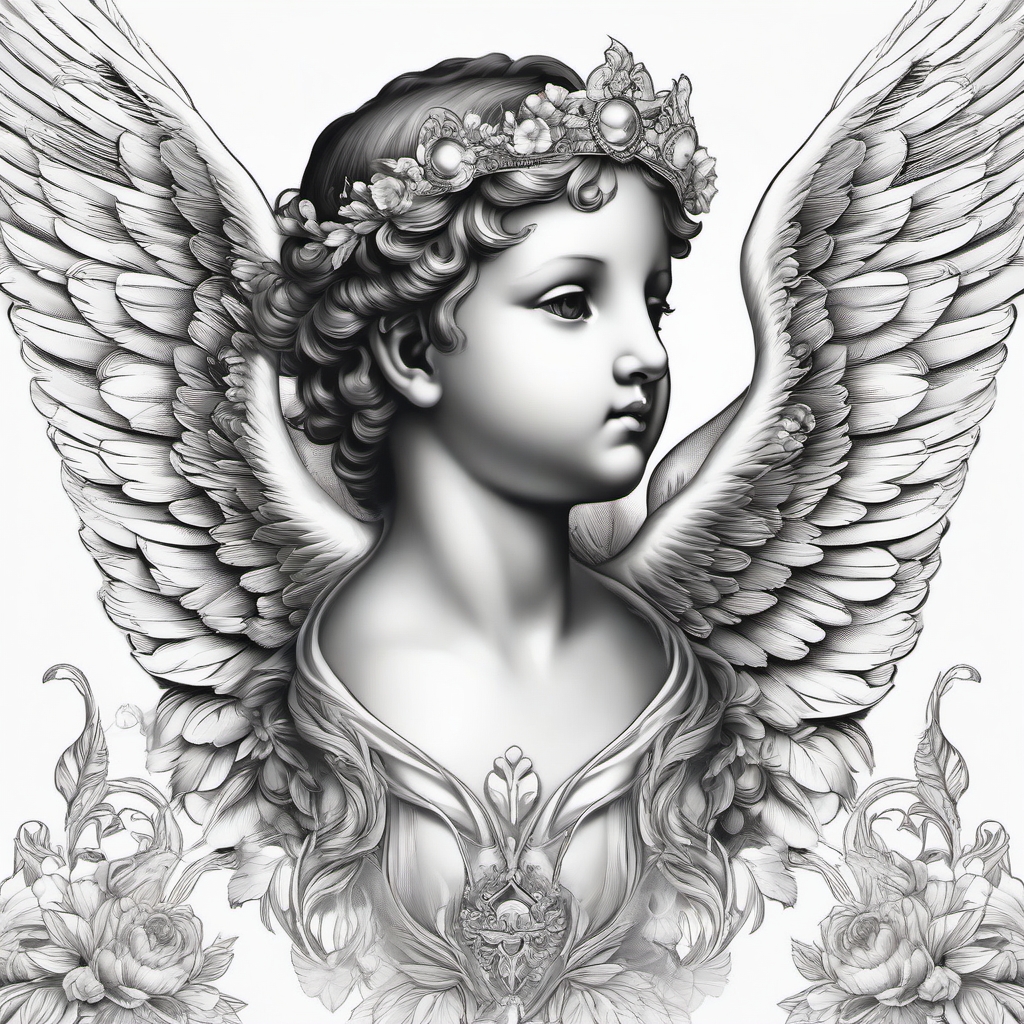 Angelic cherub tattoo: Guardian of Catholic heavenly love and protection.  black white tattoo, white background