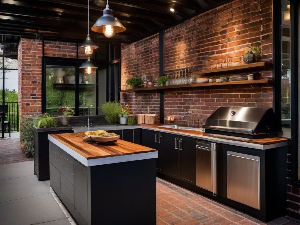 Industrial outdoor kitchen incorporates exposed brick walls, metal accents, and wooden countertops, giving it a trendy urban vibe perfect for casual gatherings.  