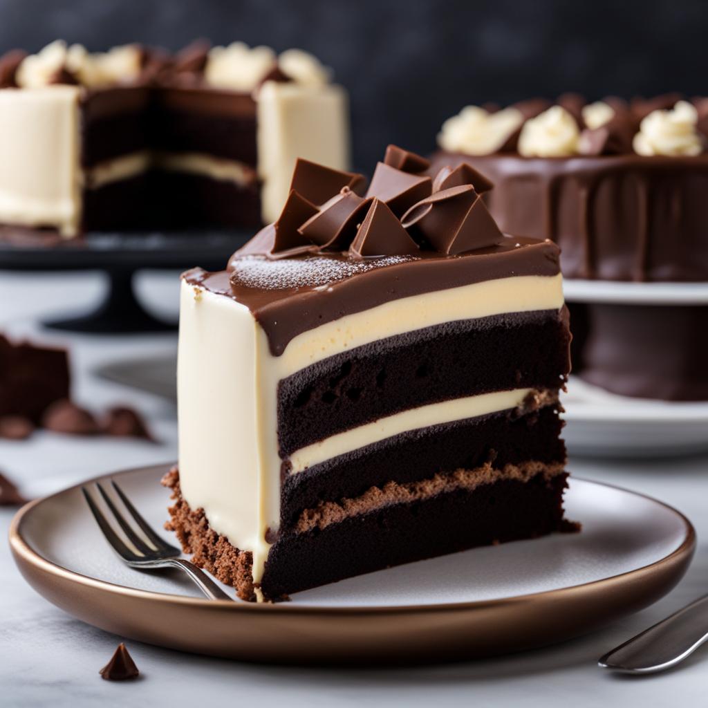 a slice of decadent triple chocolate cake, layered with dark, milk, and white chocolate. 