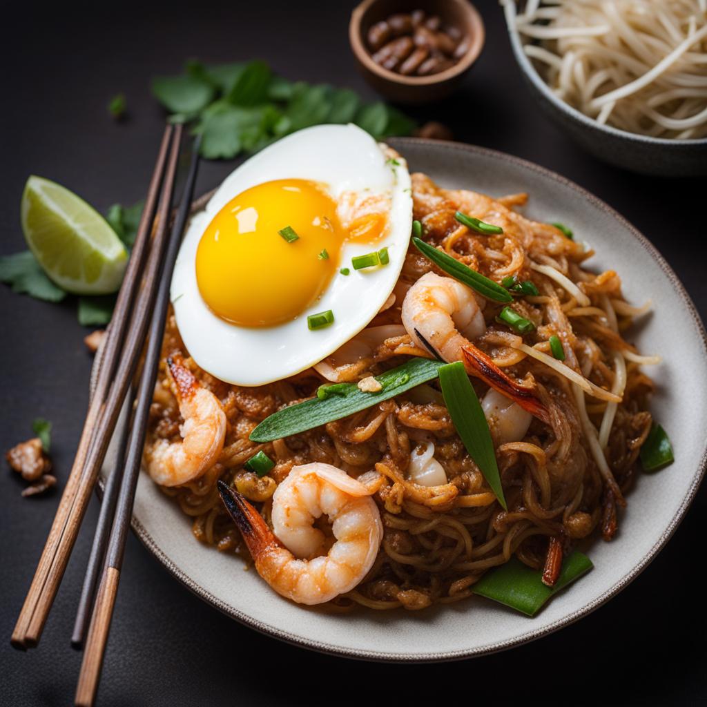 malaysian char kway teow - stir-fried flat rice noodles with prawns, eggs, and bean sprouts. 