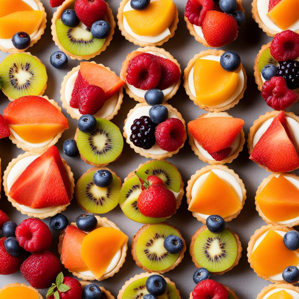 a tower of miniature fruit tarts, each with a buttery pastry crust and a medley of fresh fruits. 