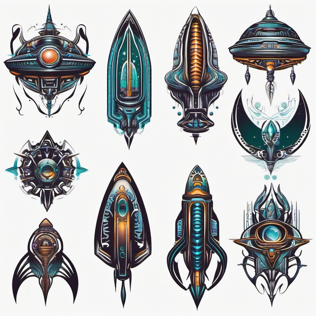 Alien Spaceship Tattoo Designs - Explore creative designs with intricate alien spaceship tattoo variations.  simple color tattoo,vector style,white background