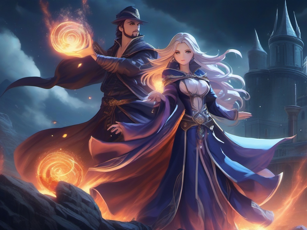 Sorceress character and mystical sorceress companion, on a floating citadel, summoning a powerful storm with magical incantations, as a matching pfp for couples. wide shot, cool anime color style