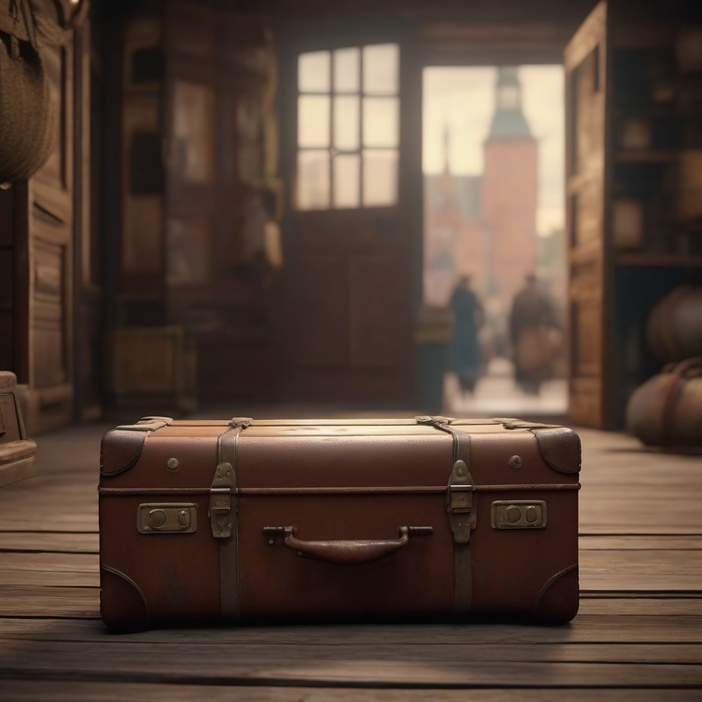 Old, battered suitcase recounts its adventures to a curious traveler.  8k, hyper realistic, cinematic