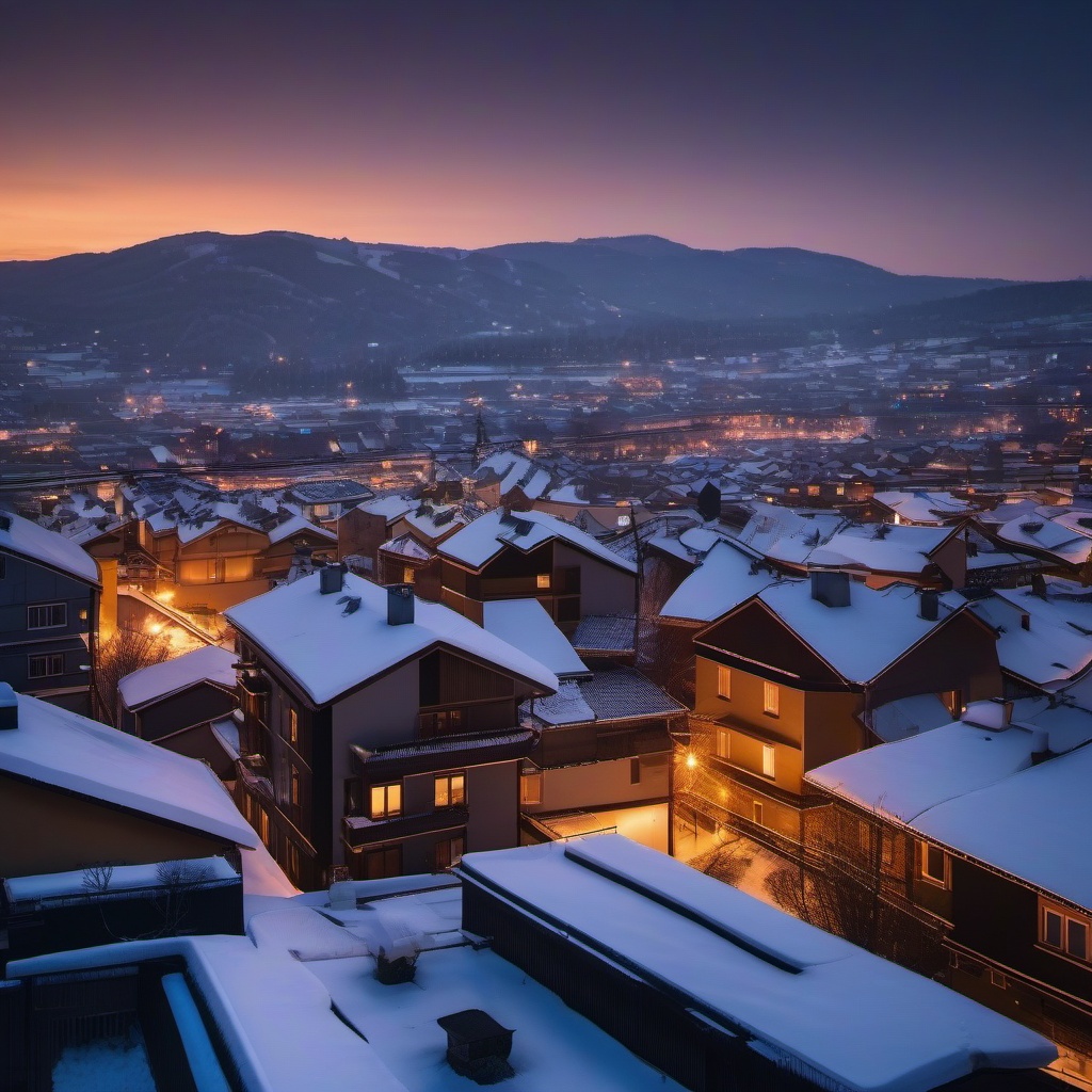 Snowy Rooftops at Twilight  background picture, close shot professional product  photography, natural lighting, canon lens, shot on dslr 64 megapixels sharp focus