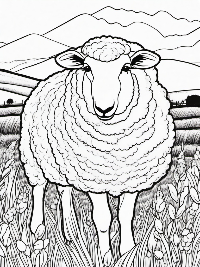 Sheep Coloring Page - Wooly Field Grazer  black outline printable coloring page