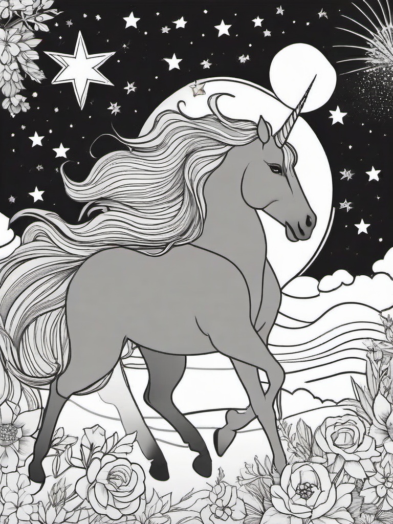 Unicorn with Stars Coloring Pages - Celestial Unicorn in a Night Sky  minimal black outline printable sheet, coloring page