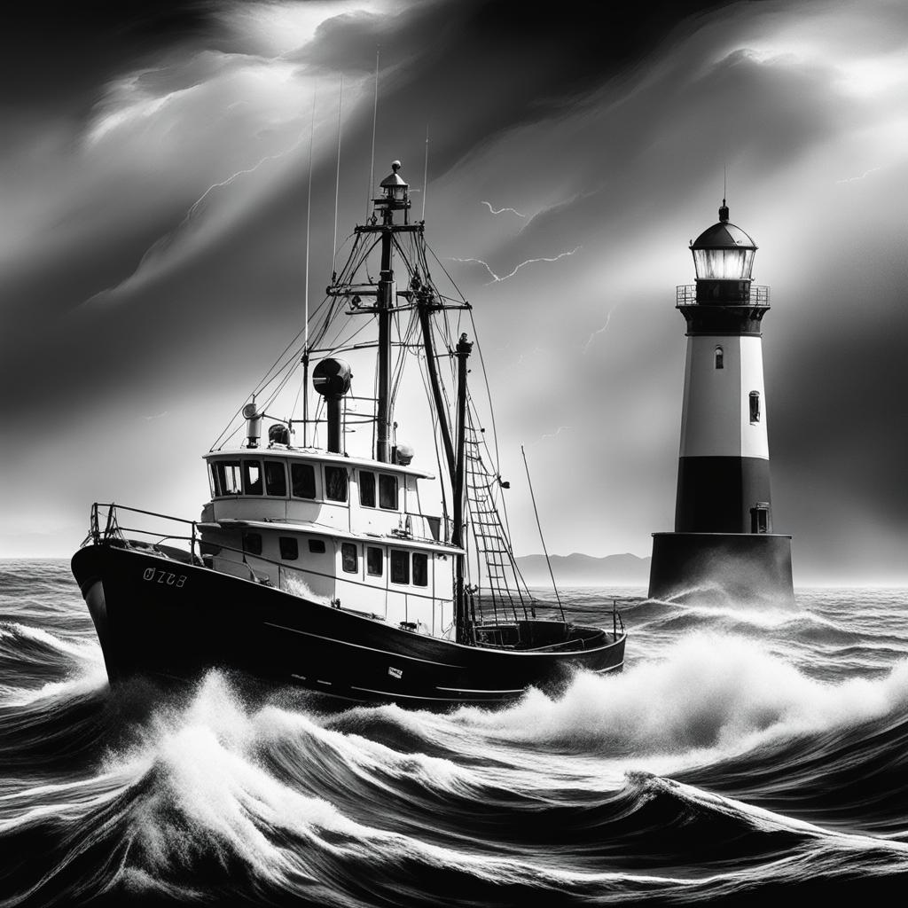 trawler in ocean with storm and lighthouse in background black white ink art , 8k