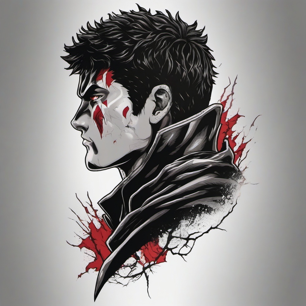 Berserk Guts Tattoo-Tribute to the protagonist Guts from Berserk, capturing his iconic imagery in a tattoo.  simple color tattoo,white background