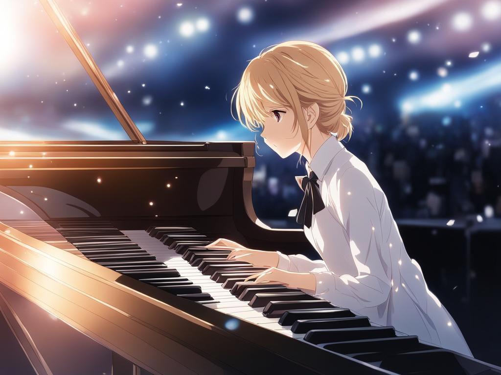 shigatsu wa kimi no uso,kousei arima,playing a heartfelt piano performance,a grand concert hall anime, anime key visual, japanese manga, pixiv, zerochan, anime art, fantia