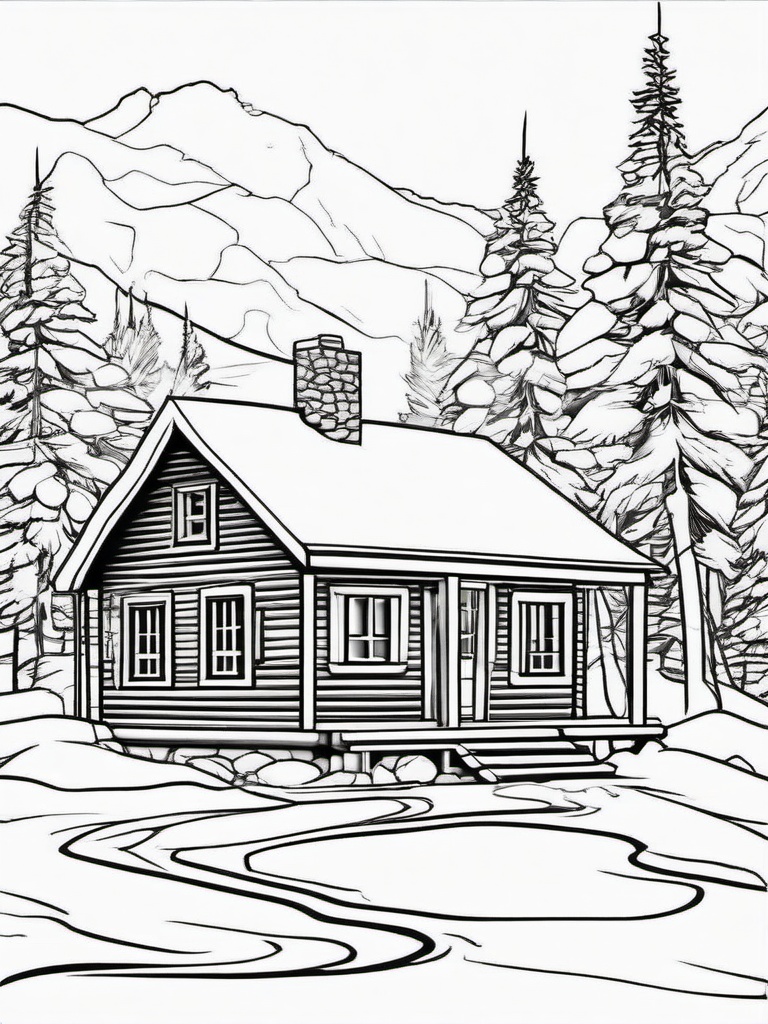 Winter Cabin with Smoke Coloring Pages - Cozy Cabin with Chimney Smoke  minimal black outline printable sheet, coloring page