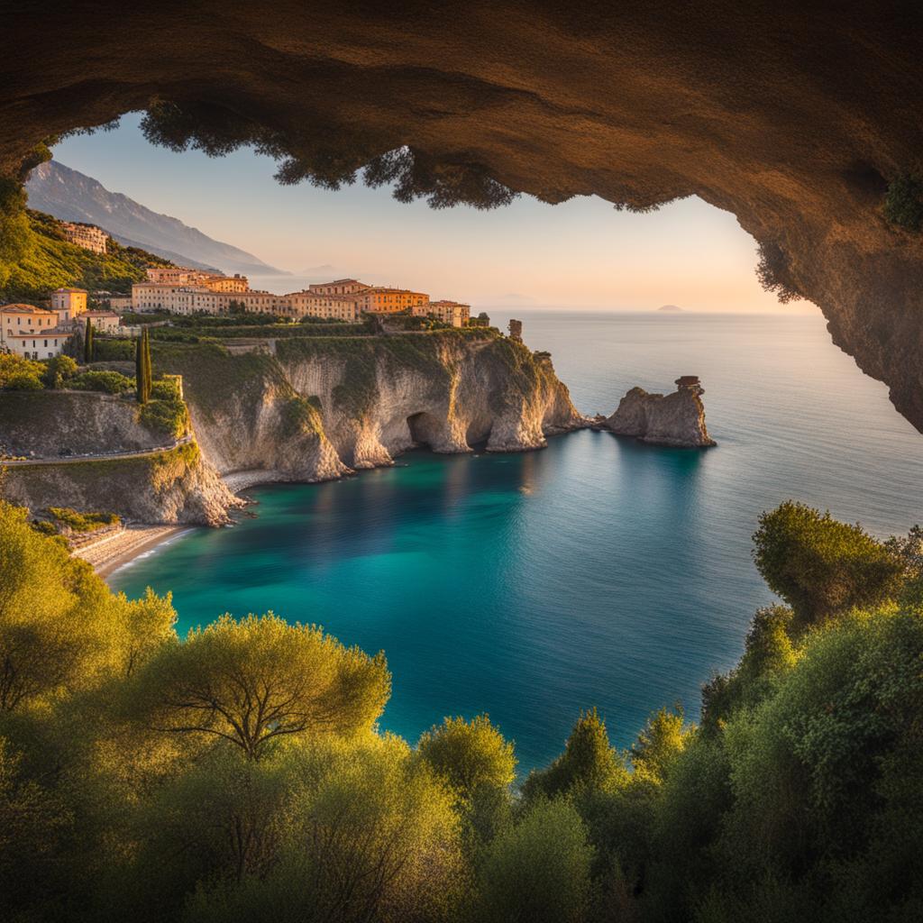 campania's lesser-known coast - create an artwork that captures the lesser-known coastal landscapes of campania, with rugged cliffs and hidden beaches. 