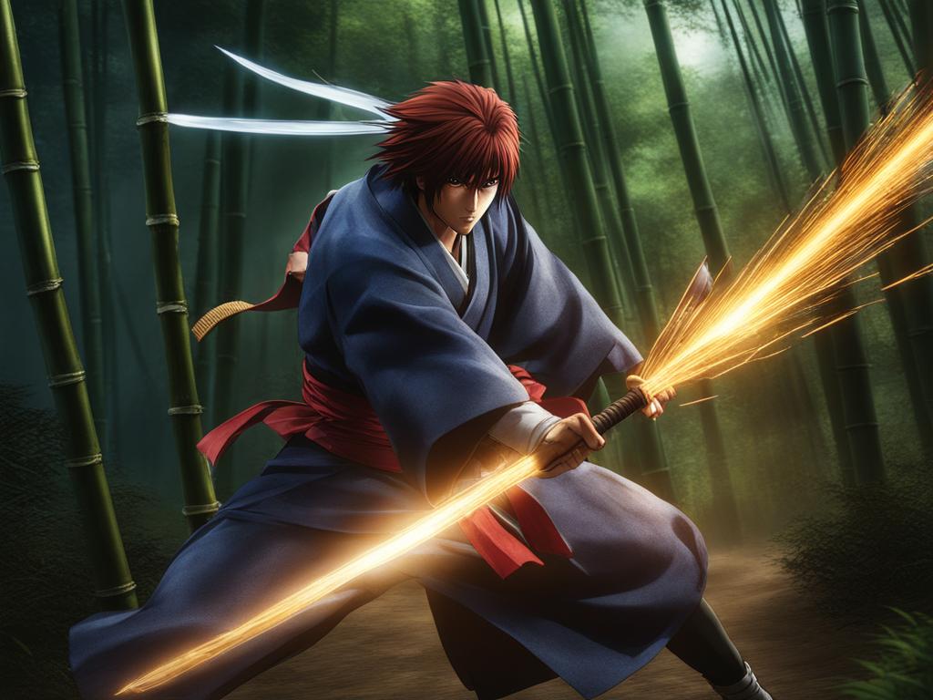 kenshin himura delivers lightning-fast strikes against foes on a bamboo forest path. 