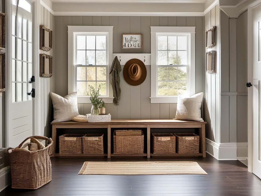 Farmhouse entryway offers a large wooden bench, storage baskets, and rustic accents that create a warm and welcoming environment for coming home.  