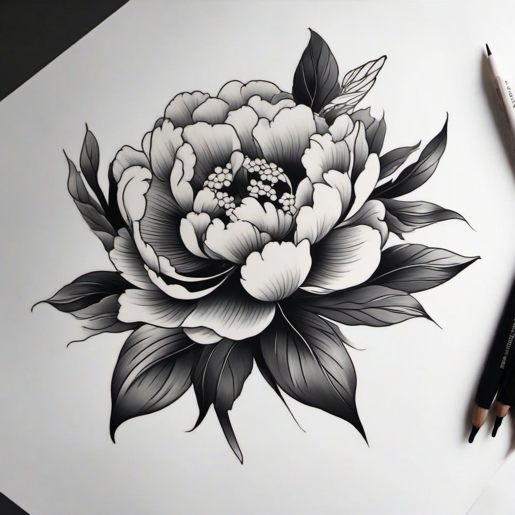 japanese peony tattoo black and grey  simple color tattoo,white background,minimal