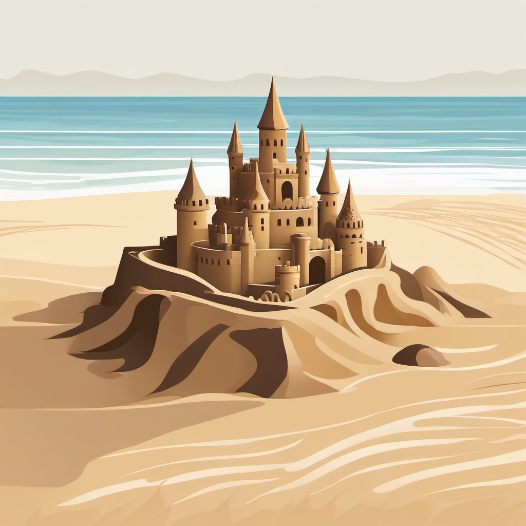 Sandcastle on the Shore Clipart - Intricately built sandcastle on the beach.  color clipart, minimalist, vector art, 