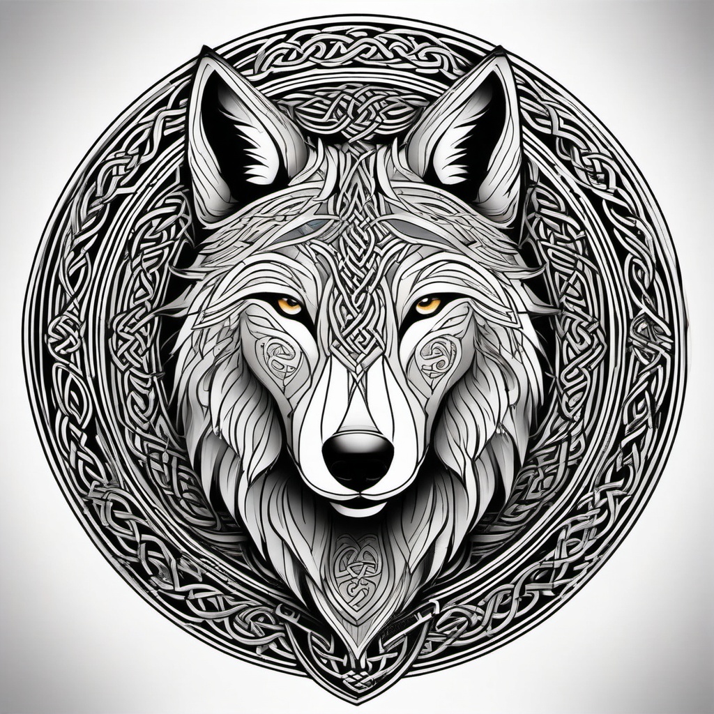 Celtic Wolf Tattoo,wolf adorned with the intricate and mystical patterns of Celtic art, emblem of ancient wisdom. , tattoo design, white clean background