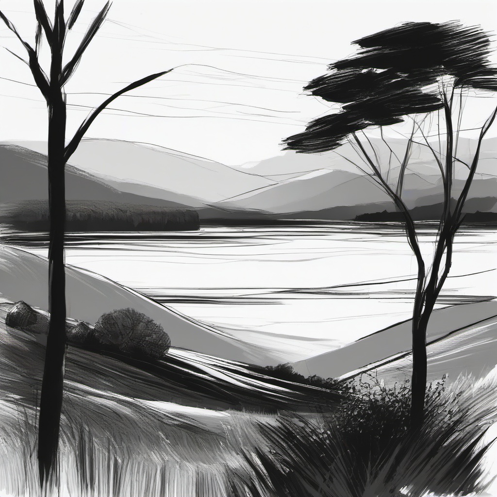 sketch of a landscape  minimal rough sketch scribbles,doodles,black and white