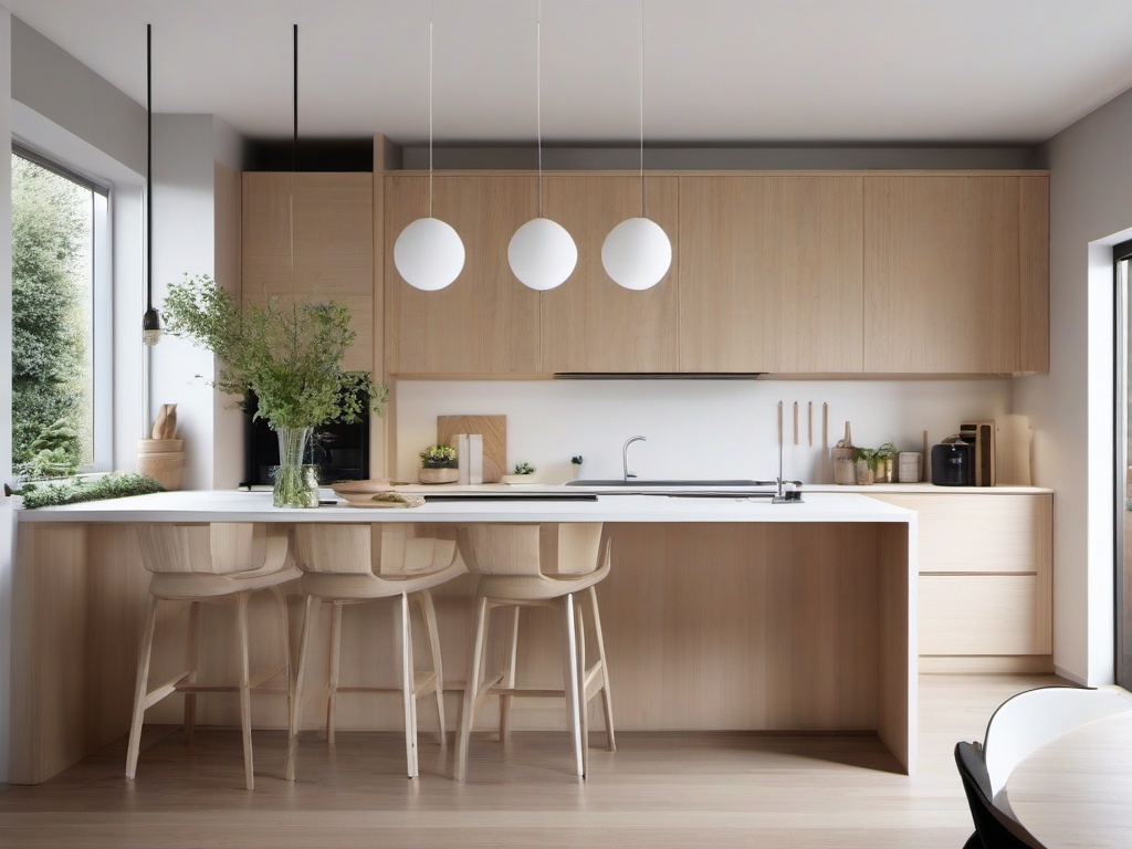 Scandinavian kitchen blends light wood cabinetry, bright white countertops, and minimalist decor for a warm and inviting space.  