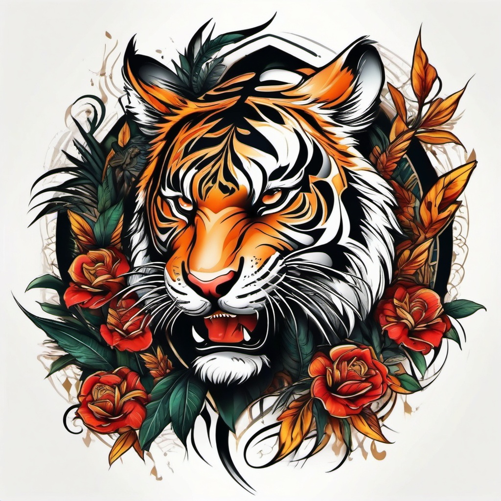 Tiger tattoo, Ferocious tiger tattoo, a symbol of power and protection. , tattoo color art, clean white background