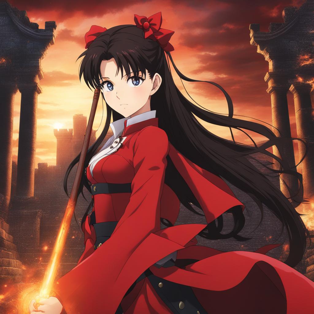 rin tohsaka - engages in a fierce spellcasting battle amidst the ruins of an ancient castle. 