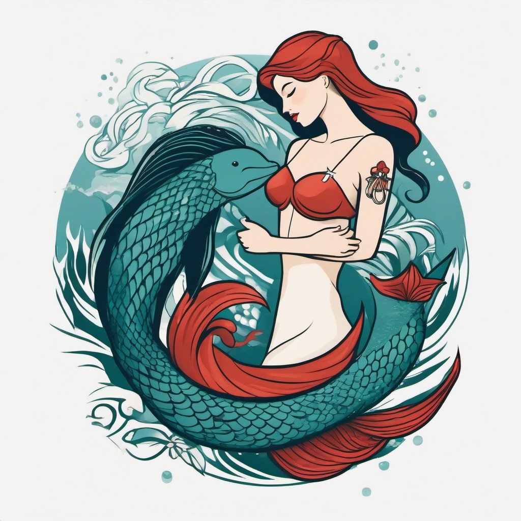 Sailor and Mermaid Tattoo - Pay homage to maritime romance with a tattoo featuring a sailor alongside a mermaid.  simple vector color tattoo,minimal,white background