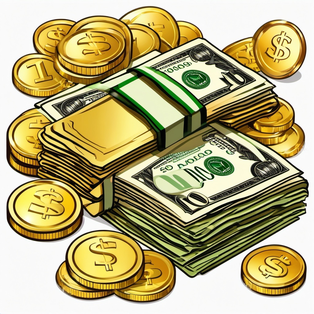 Money Clipart, Stacks of cash and golden coins. 