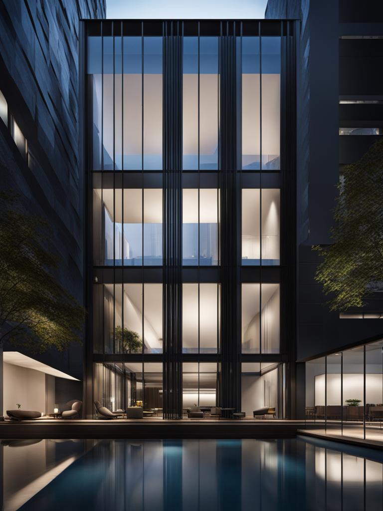 venture into a modernist skyscraper, with a sleek glass façade and minimalist interiors. 