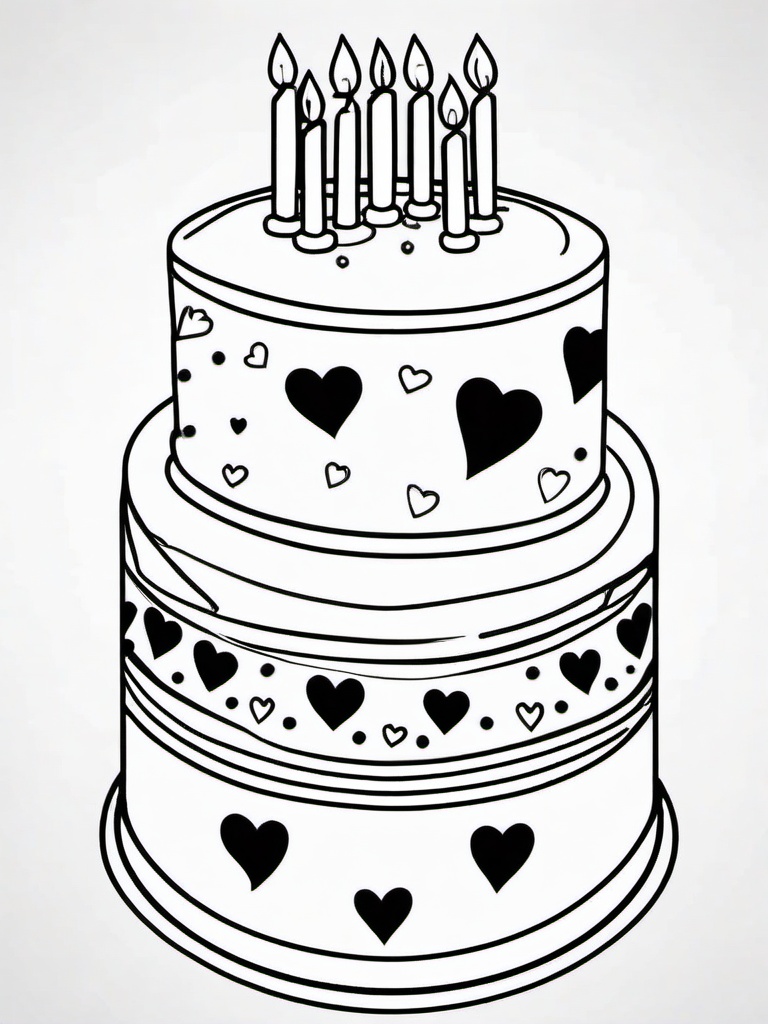 Birthday Cake with Hearts Coloring Pages - Cake Decorated with Cute Hearts  minimal black outline printable sheet, coloring page