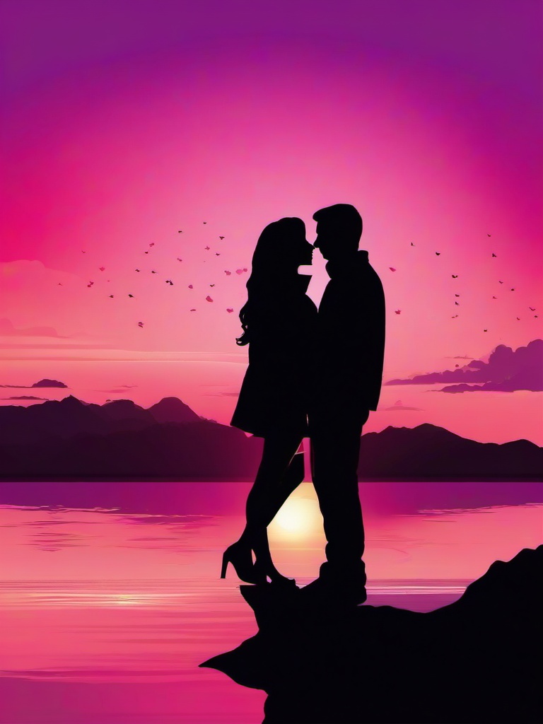 Valentines Day background - Couples silhouette against a pink and purple sunset sky  