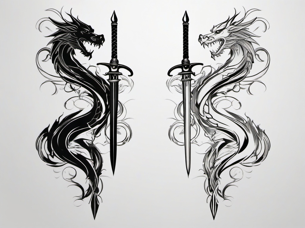 Dragon Sword Tattoo - Tattoos combining dragon imagery with swords or weapons.  simple color tattoo,minimalist,white background