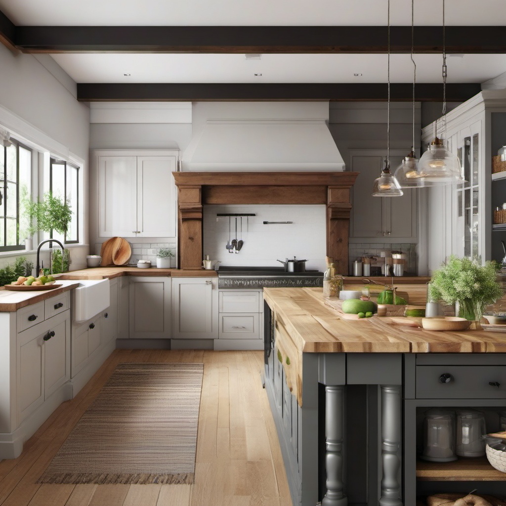 Classic Farmhouse Charm - Design a classic farmhouse kitchen with rustic elements. , kitchen layout design ideas, multicoloured, photo realistic, hyper detail, high resolution,