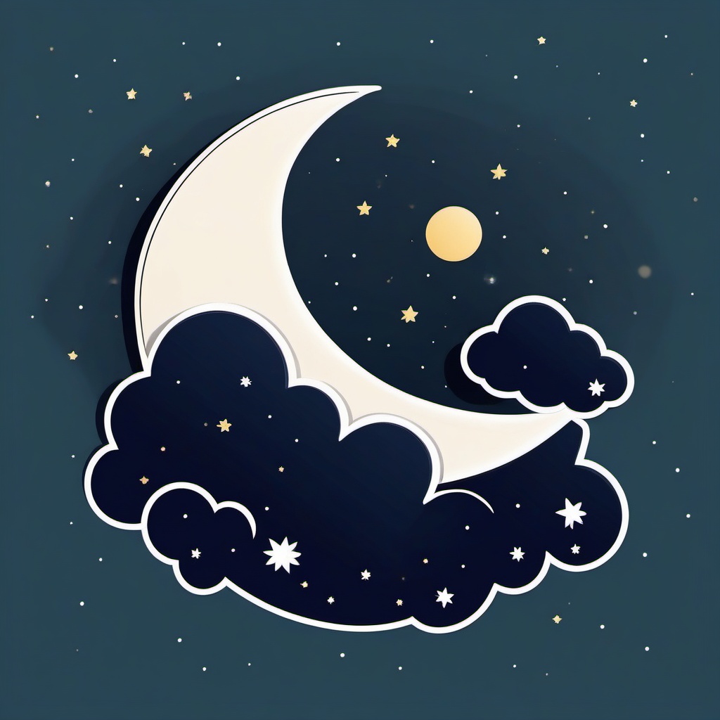 Moon with Stars and Clouds Sticker - Crescent moon amidst stars and clouds, ,vector color sticker art,minimal